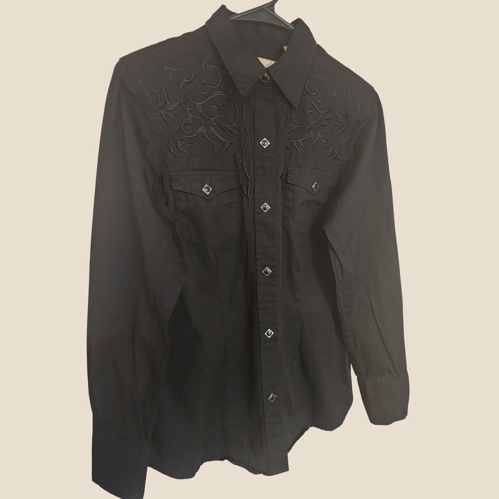 VTG 90s Y2K Roper Black Western Pearl Snap Denver CO Tag